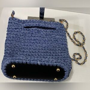 Navy Blue Shoulder Bag with Woven Texture and Chain Strap